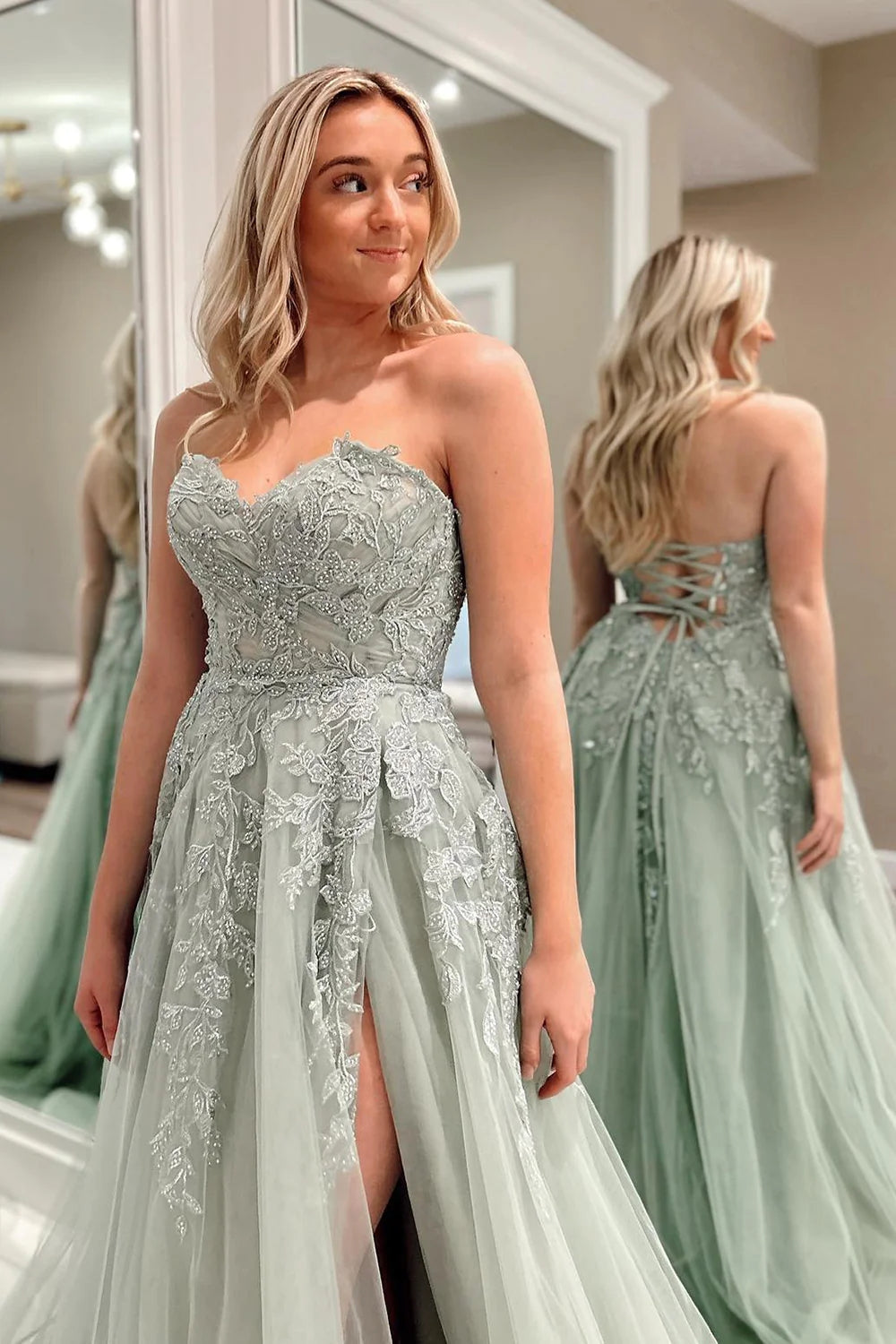 Delightful A-Line Sweetheart Sage Green Tulle Lace Long Prom Dress BM bride