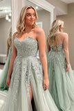 Delightful A-Line Sweetheart Sage Green Tulle Lace Long Prom Dress BM bride