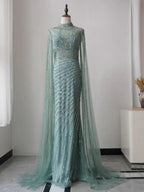 Green Luxury Long Sleeve Sequined Beaded Prom Dress 2024 BM bride