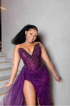 Sleeveless Strapless Mermaid Long Prom Dress With Beading Split