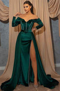 Dark Green Front Split Mermaid Sweetheart Prom Dress With Belts Long Sleeves