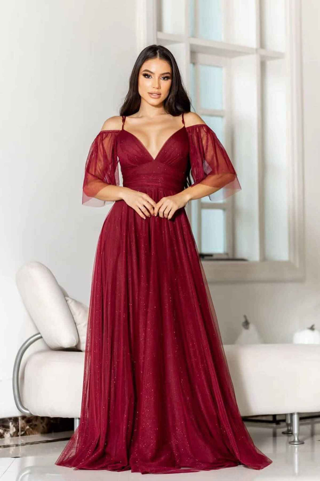 Chic Tulle Spaghetti Strap Deep V Neck Boho Prom Dress A Line With Sequins