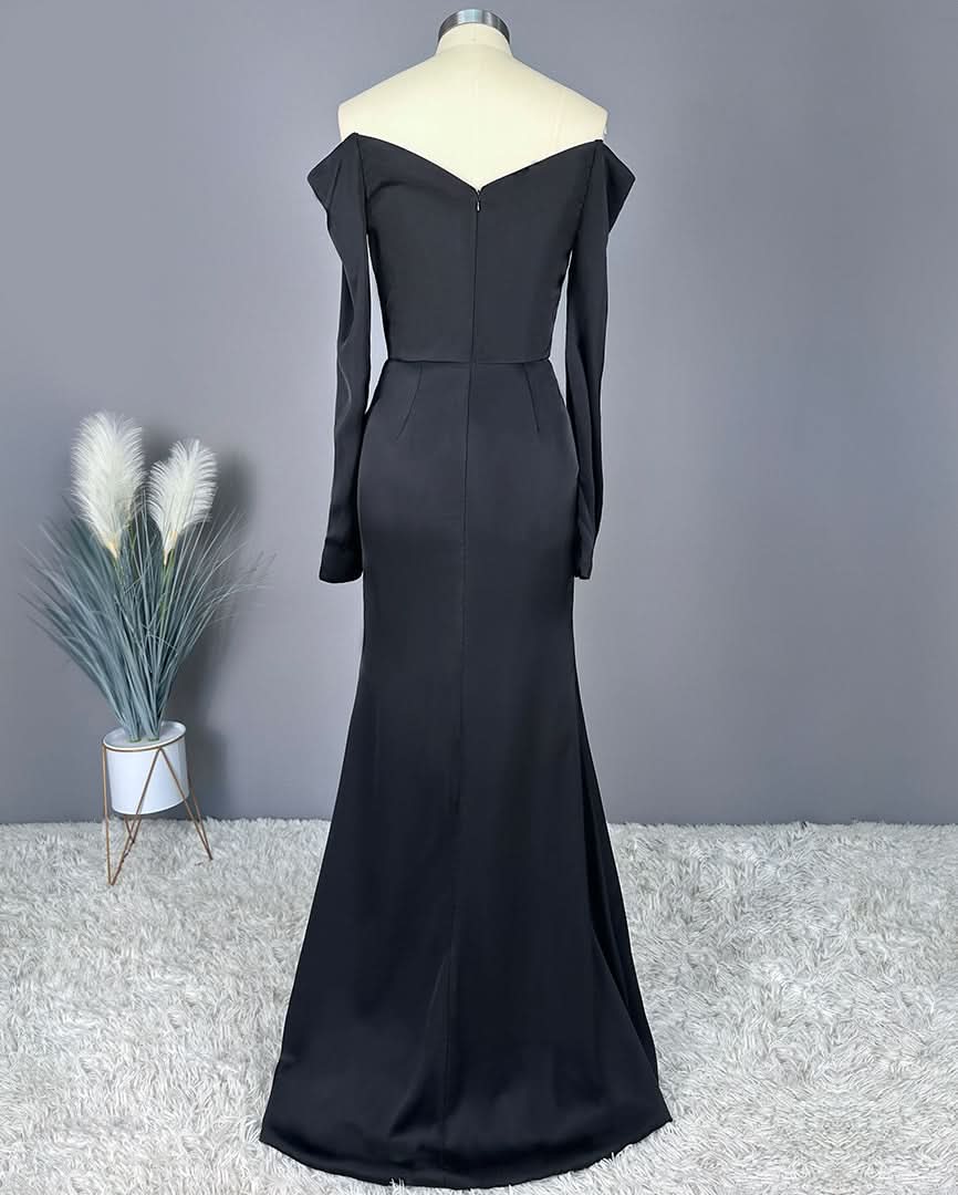 Elegant Black Off-the-Shoulder V-Neck Long Prom Dress with High Slit BM bride
