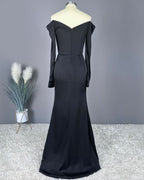 Elegant Black Off-the-Shoulder V-Neck Long Prom Dress with High Slit BM bride