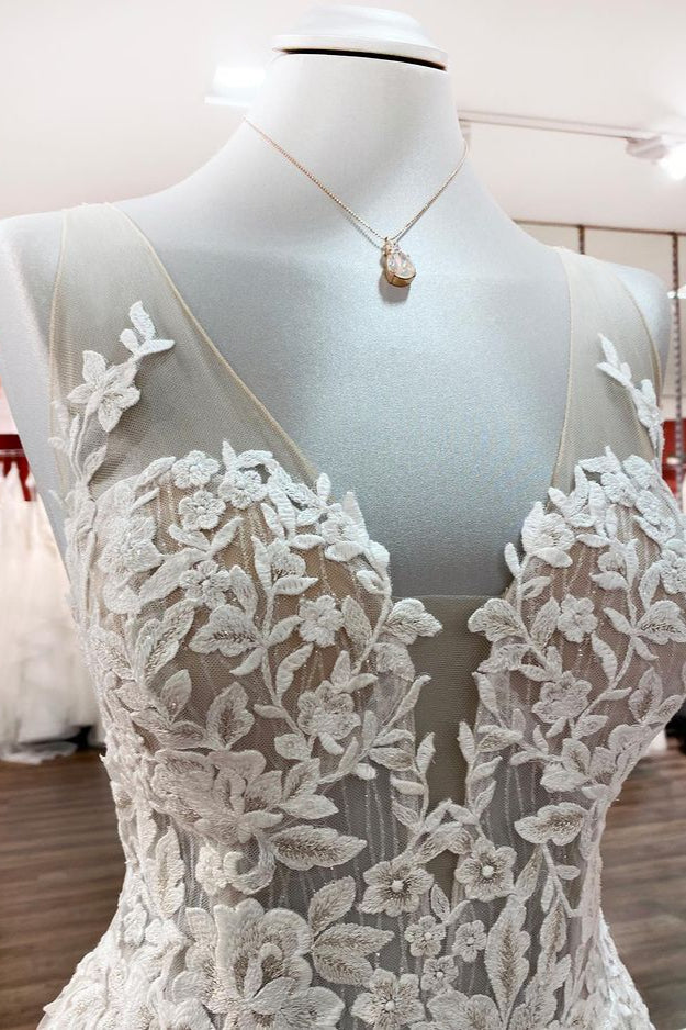 Sleeveless Jewel Neck Long A-Line Tulle Wedding Dress with Ruffles and Lace Appliques BM bride