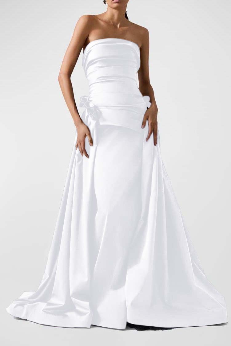 Strapless Backless Sleeveless Long A Line Prom Dress With Pleated BMBRIDE