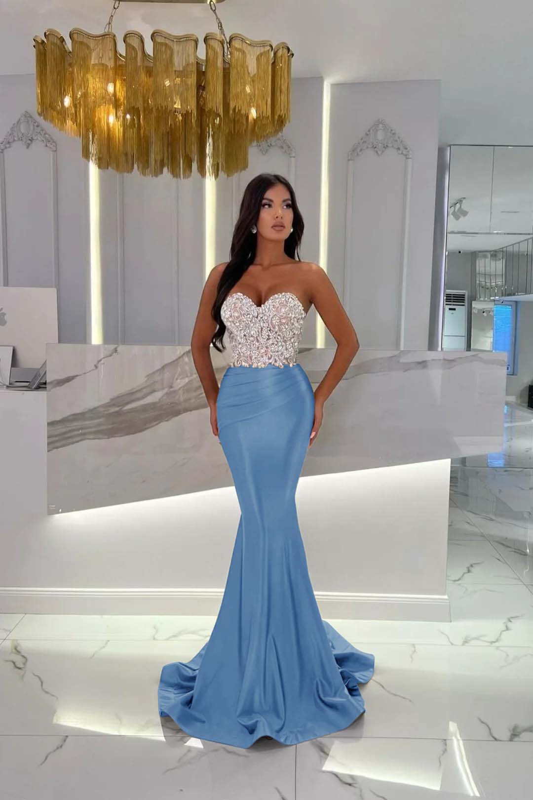Prom Dress Satin Gold Sweetheart Sleeveless Strapless With Rhinstone Mermaid