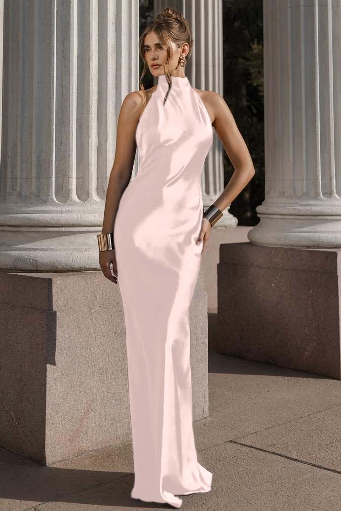 Halter Sleeveless Backless Mermaid Long Prom Dress With Pleated BMBRIDE