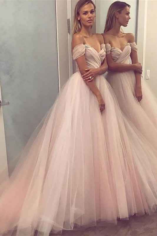 Chic Off the Shoulder Tulle Strapless Sleeveless Long Ball Gown Prom Dress