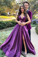 Spaghetti Strap Purple V Neck Sleeveless A Line Prom Dress With Front Split