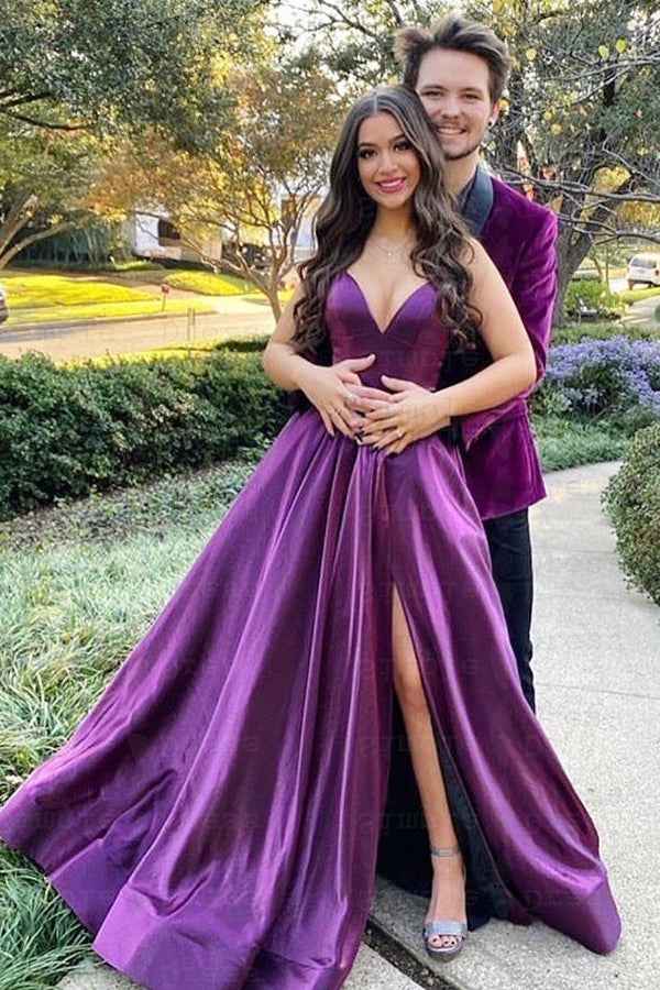 Spaghetti Strap Purple V Neck Sleeveless A Line Prom Dress With Front Split