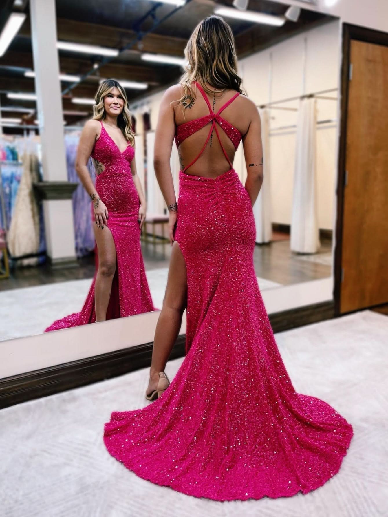 Striking Glitter Red Mermaid V Neck Cut Out Prom Dress with Slit BM bride
