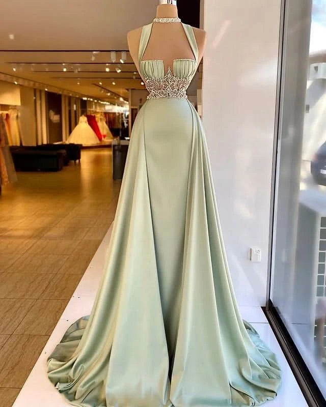 Elegant Halter Green Beaded A-Line Mermaid Prom Dress BM bride