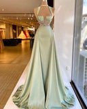 Elegant Halter Green Beaded A-Line Mermaid Prom Dress BM bride