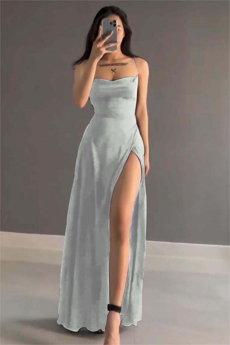 Simple Black Stain Spaghetti Strap Sleeveless Long Prom Dress With Split BMBRIDE