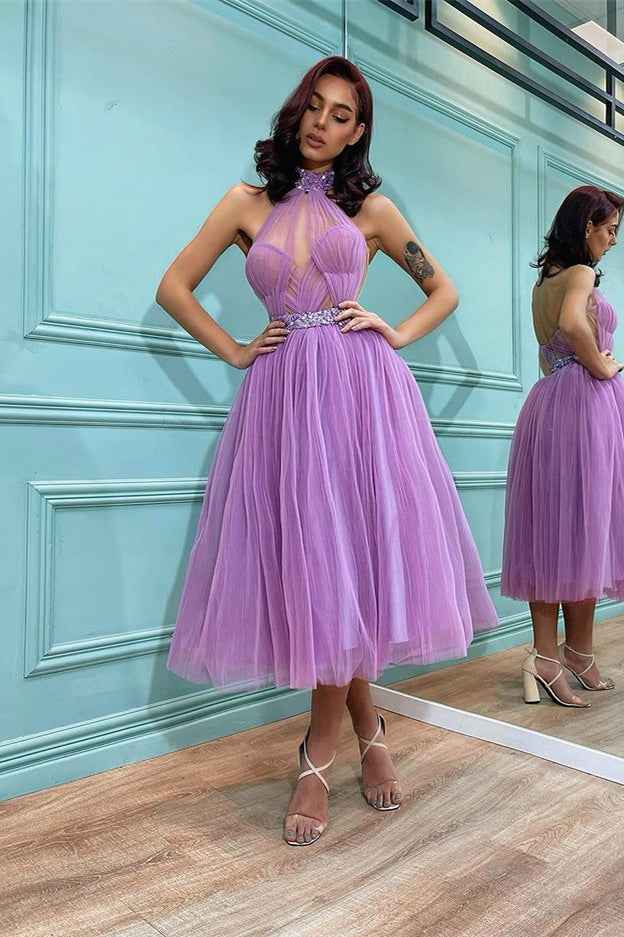 Lilac Tulle High Jewel Neck Sleeveless A Line Short Prom Dress With Belt
