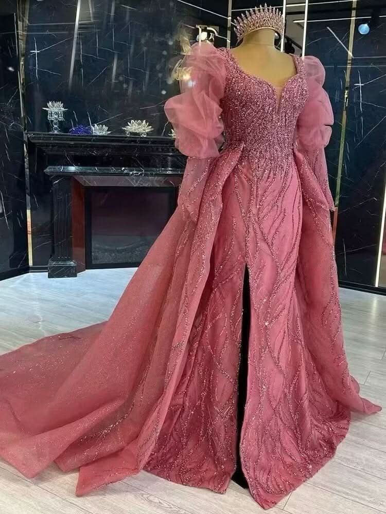 Pink Mermaid High Split Evening Dress, Beaded Bubble Sleeve BM bride