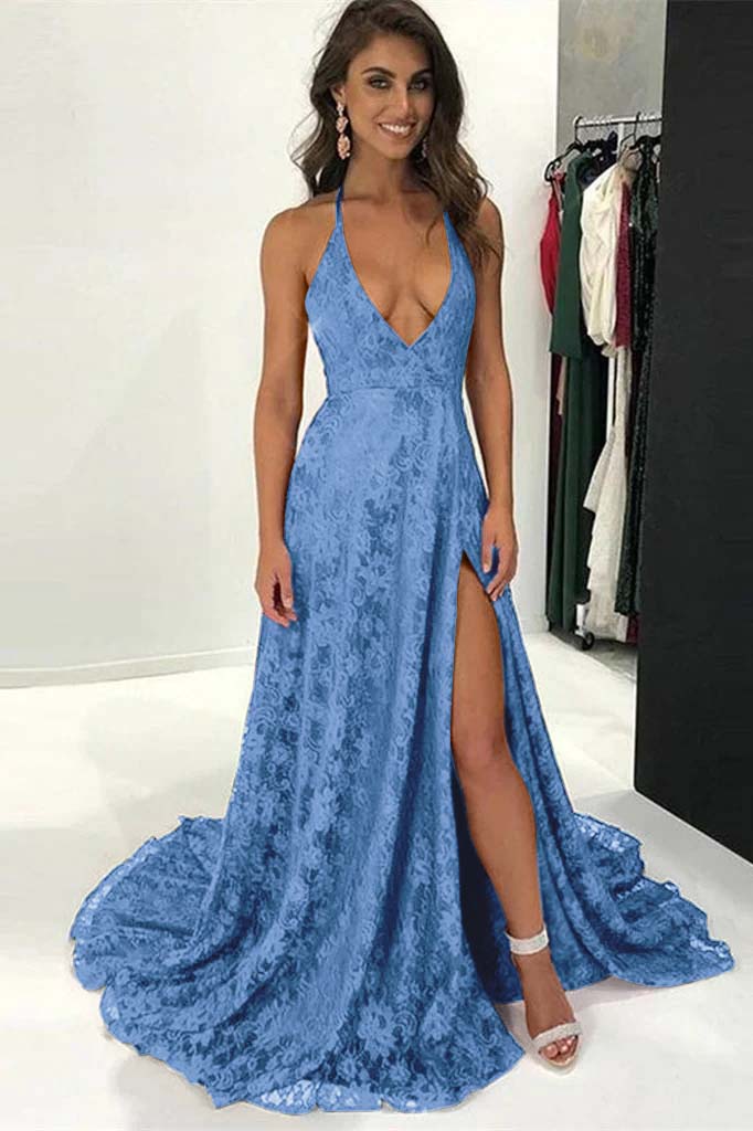 Burgundy Modern Halter Deep V Neck Backless Long Lace Prom Dress With Split BMBRIDE