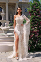 Heavy White Tulle One Shoulder Evening Dress with High Slit BM bride