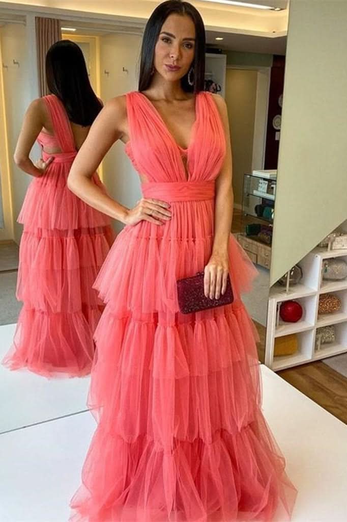 Watermelon Sleeveless Tulle Long Prom Dress BM bride