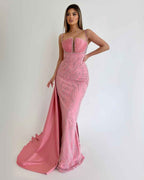 Pink Spaghetti Strap Sequins Beaded Sleeveless Mermaid Prom Dress With Ruffles