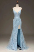 Elegant Slimming Sky Blue Sequin Prom Dress Long BM bride