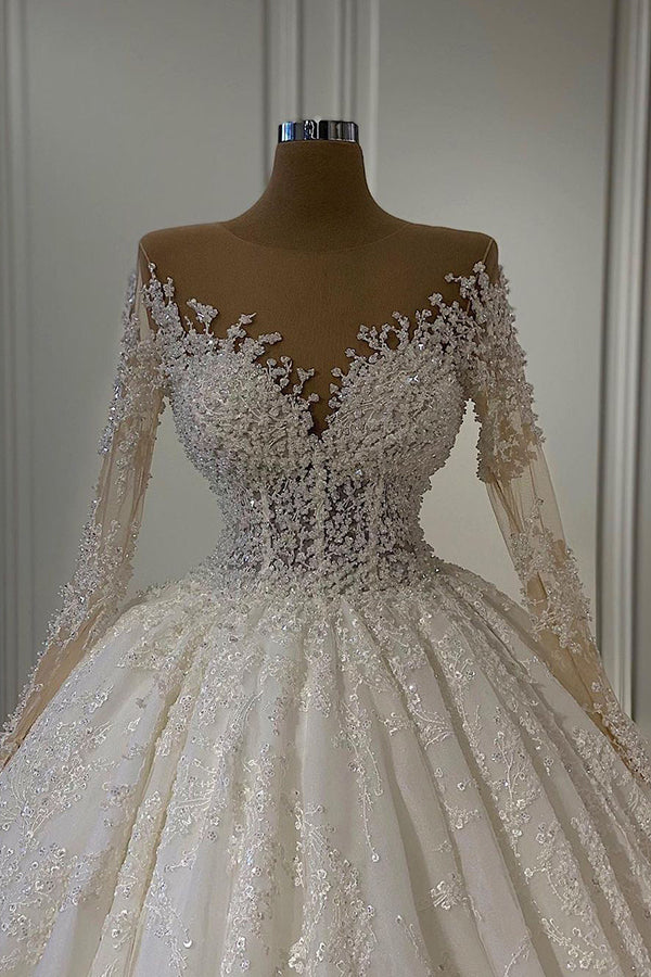 Gorgeous Long Sleeve Ball Gown Wedding Dress with Lace and Beading BM bride