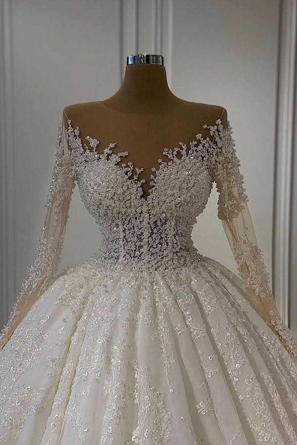 Gorgeous Long Sleeve Ball Gown Wedding Dress with Lace and Beading BM bride