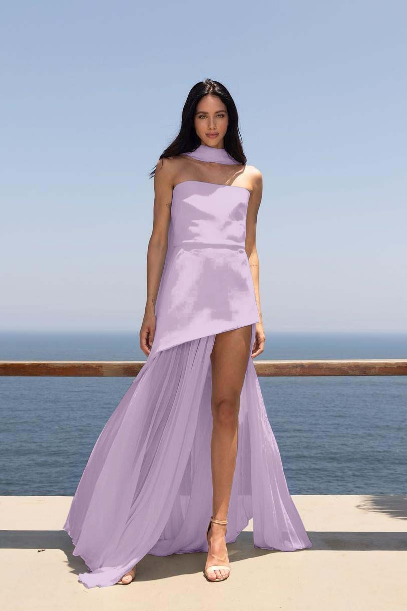 Strapless Sleeveless Split Long Prom Dress With Pleated Tulle