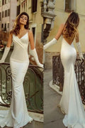 White Spaghetti Strap Sleeveless Long Mermaid Prom Dress With Gloves