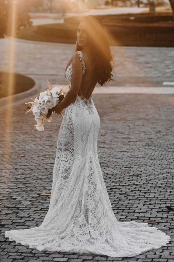 Glamorous V-Neck Wide Strap Open Back Mermaid Wedding Dress with Lace Appliques BM bride
