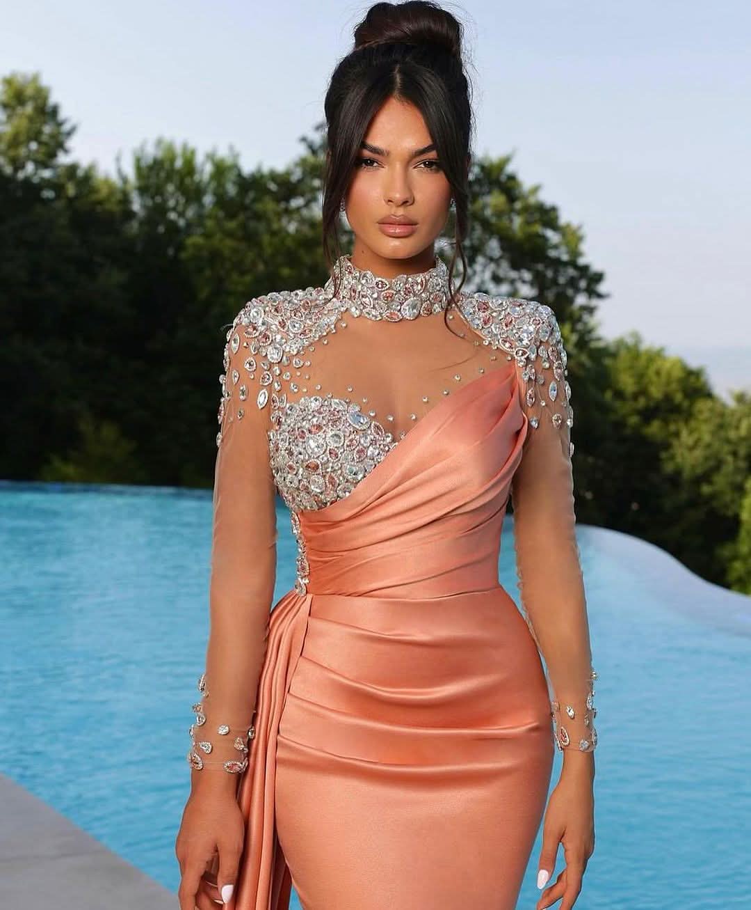 Long Purple Mermaid Prom Dress with Trail Beadings and Long Sleeves BM bride