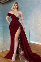 Elegant Yellow Stain One Shoulder Long Split Prom Dress With Beading