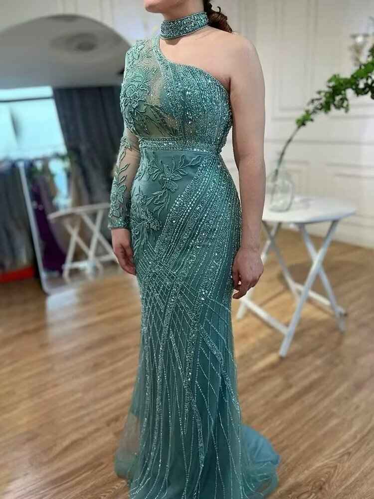 Elegant One shoulder Long Sleeve Champagne Bead Embroidery Prom Dress