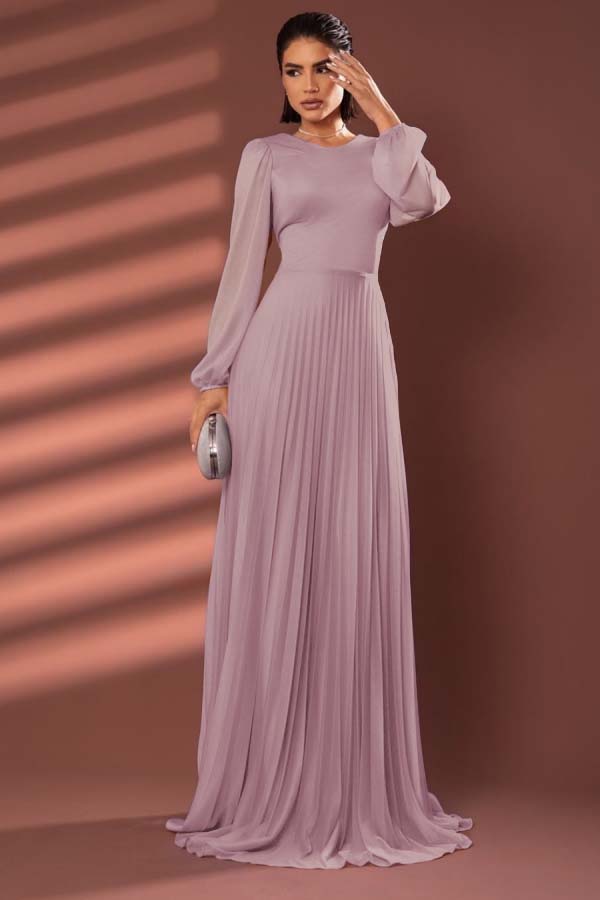 Chiffon Jewel Neck Long Sleeves Long Prom Dress With Pleated BMBRIDE