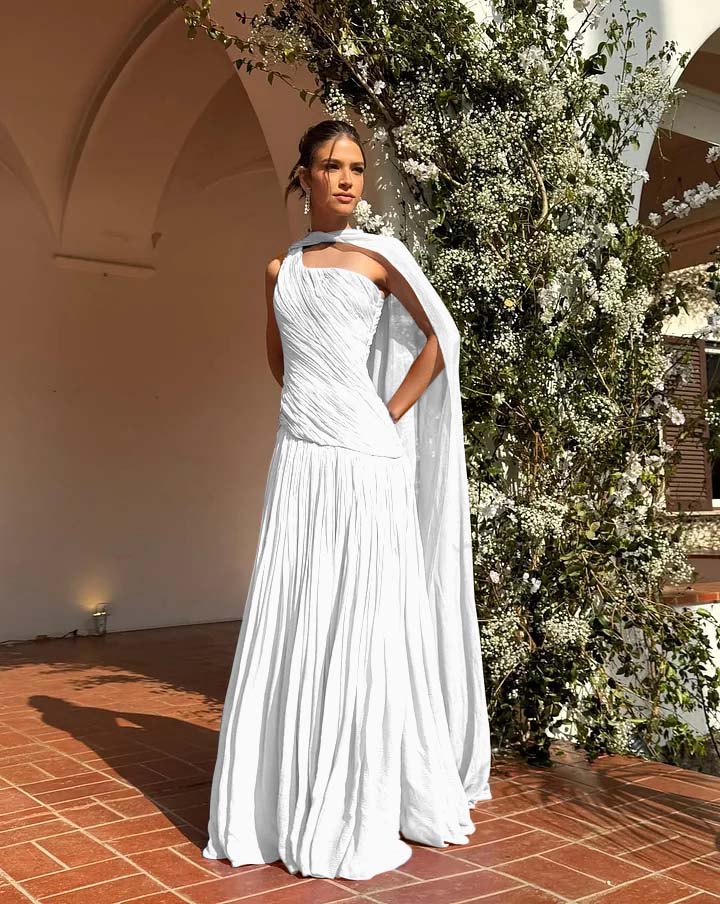Chic One Shoulder Sleeveless Long Prom Dress With Pleated Shawl
