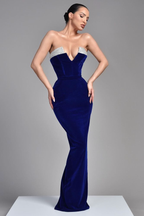 Royal Blue Sleeveless V Neck Samt Evening Dress BM bride