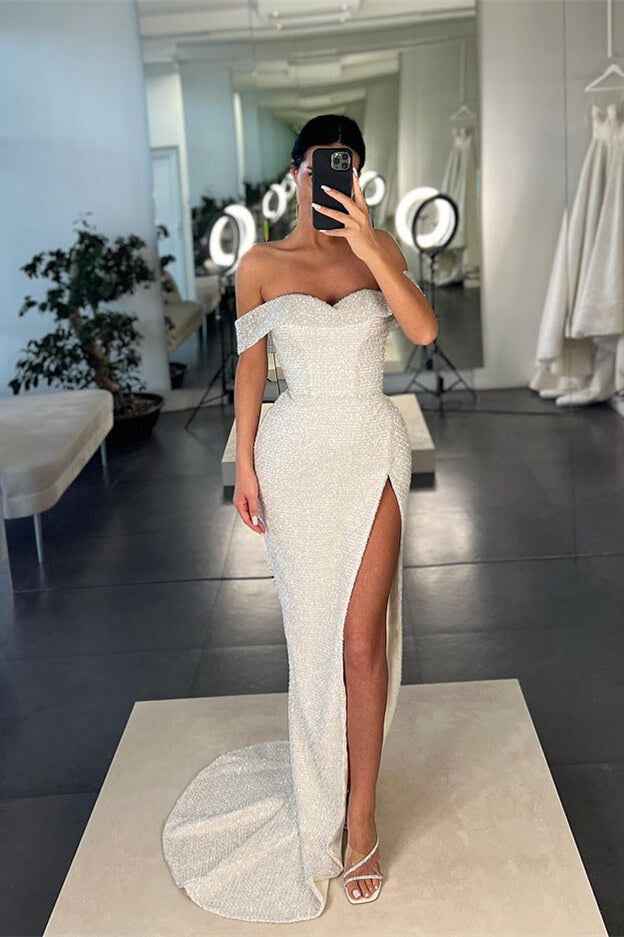 Mermaid White Off the Shoulder Sleeveless Sequins Prom Dress With Split
