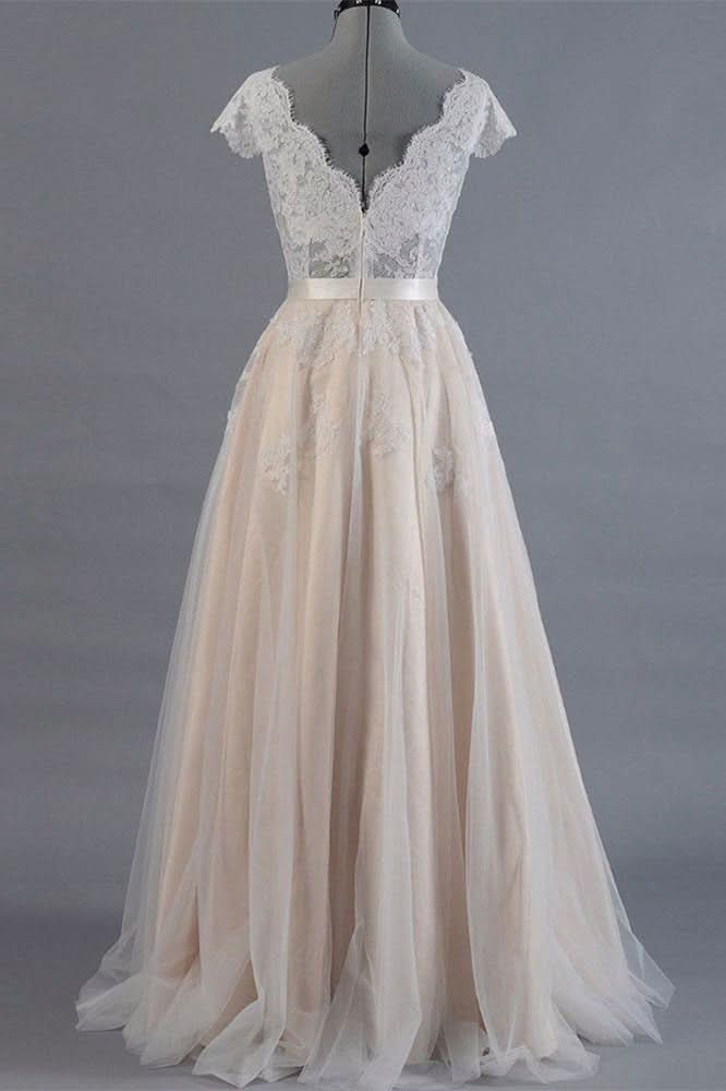 Short Sleeve Lace Long Wedding Dress BM bride