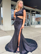 Unique One Shoulder Sparkly Black Mermaid Prom Dress BM bride