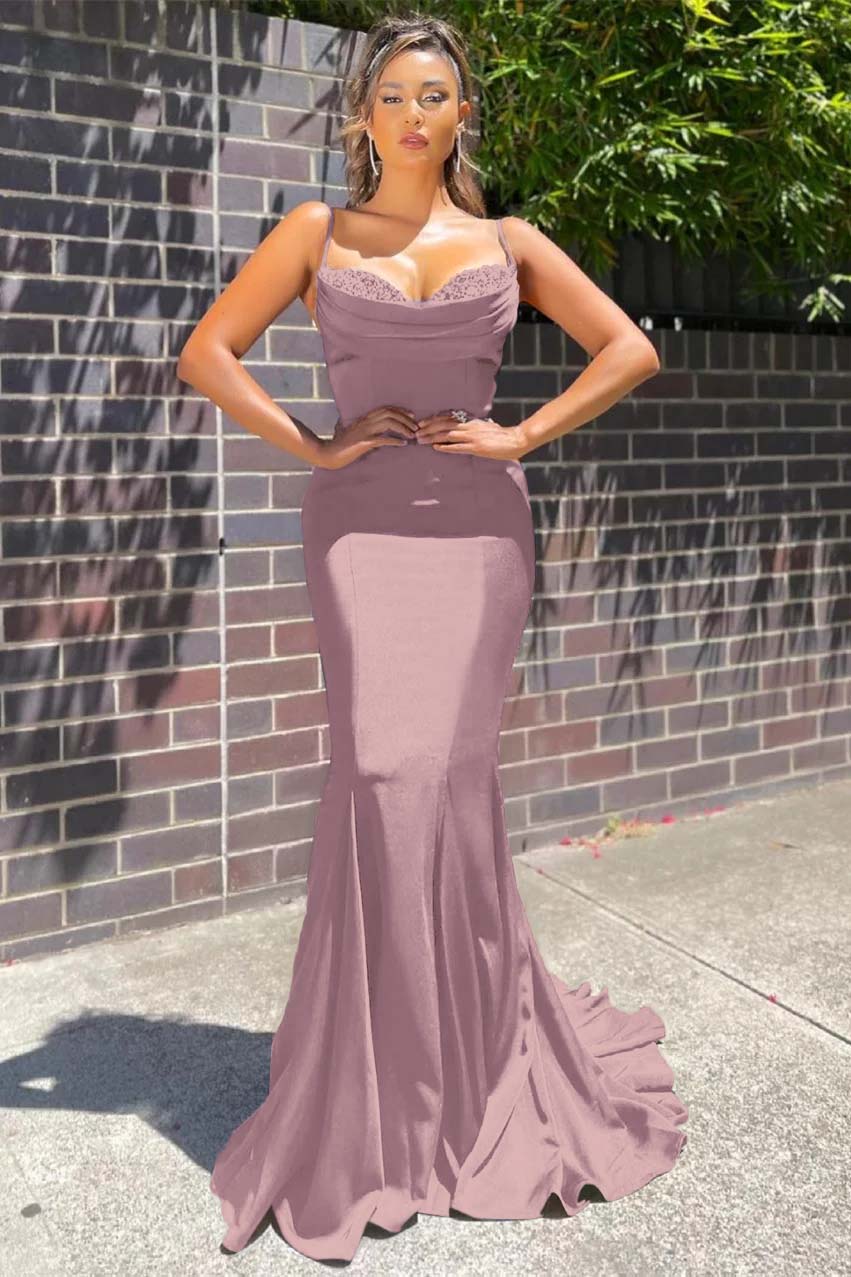 Long Spaghetti Strap Sleeveless Mermaid Ruffles Prom Dress With Beadings