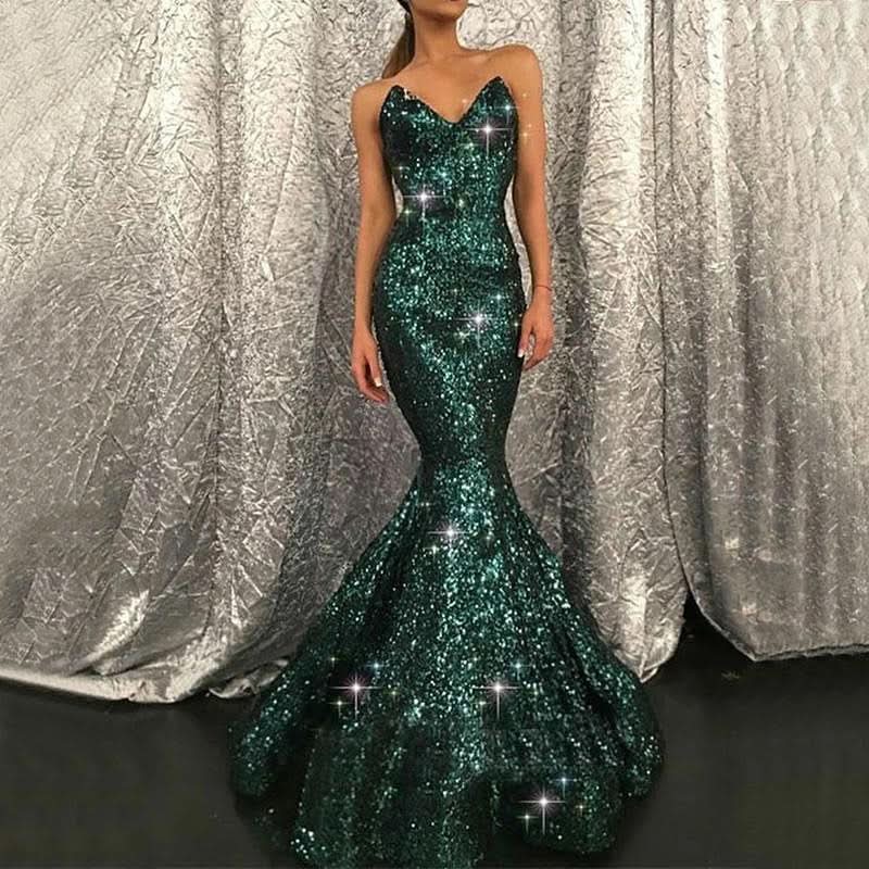 Dark Green Sweetheart Mermaid Prom Dress with Sequins BM bride