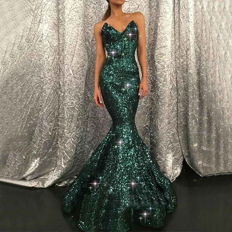 Gorgeous Dark Green Strapless Sleeveless Long Mermaid Sequins Prom Dress