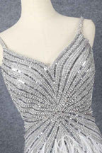 Hidaiss Luxury Sliver Mermaid Spaghetti Strap Prom Dress Split Sleeveless Feathers Beading