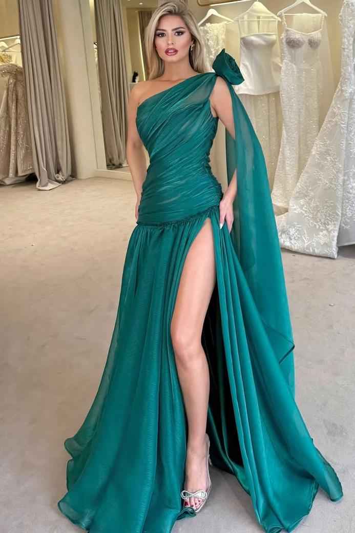 One Shoulder Sleeveless Long Split Prom Dress With Pleated