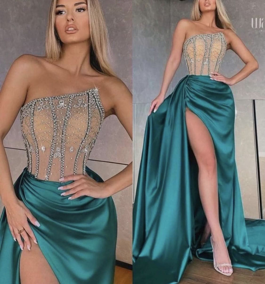 Green Strapless Evening Dress with High Slit and Sequins BM bride