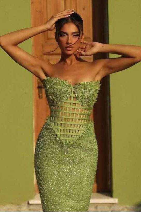 Sleeveless Strapless Long Mermaid Prom Dress With Sequin Pleated