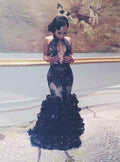 Chic Black Applique Embroidery Mermaid Floor Length Prom Dress
