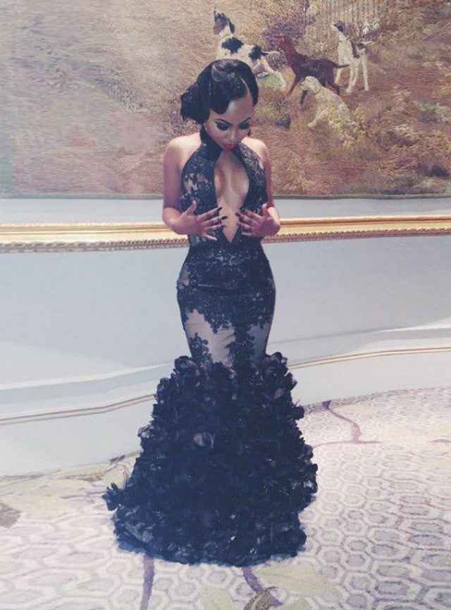 Chic Black Applique Embroidery Mermaid Floor Length Prom Dress
