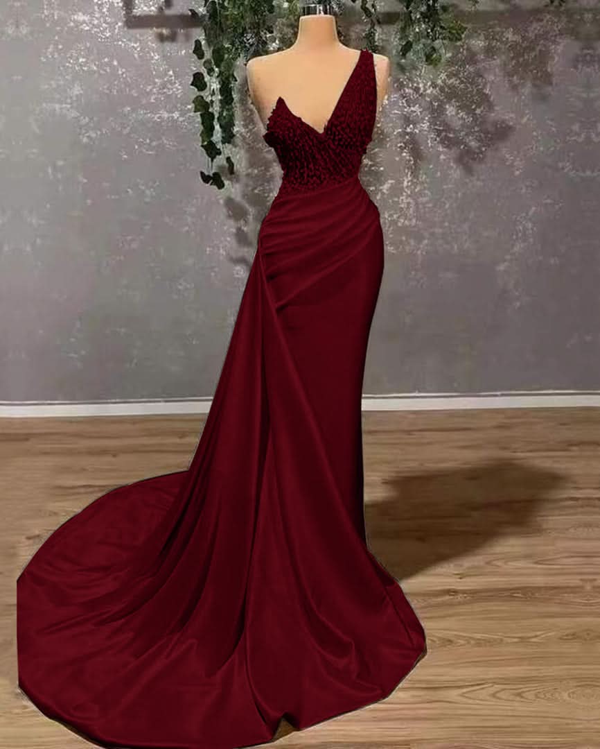 Ivory Elegant One-Shoulder Appliqued Mermaid Prom Dress with Ruffles BM bride